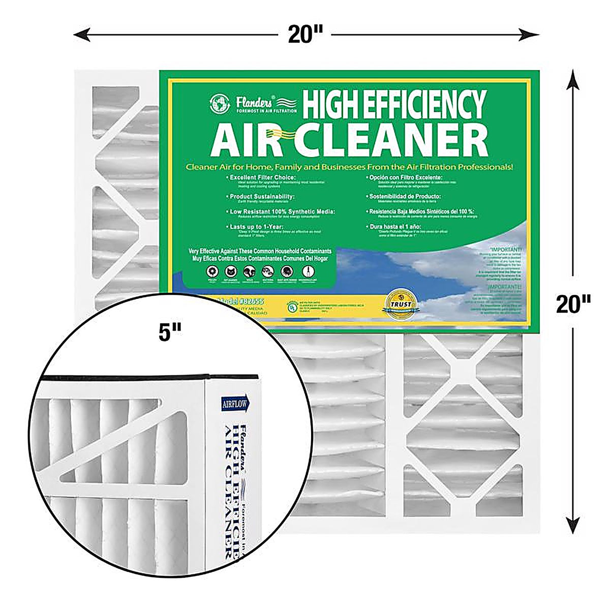 Flanders - 82655.052020 - 20 In. W X 20 In. H X 5 In. Synthetic 8 MERV Pleated Air Filter 1 Pack