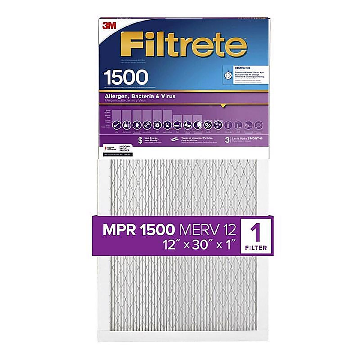 3M 2042DC-4 Filtrete 12 in. W X 30 in. H X 1 in. D 12 MERV Pleated Air Filter 1 pk