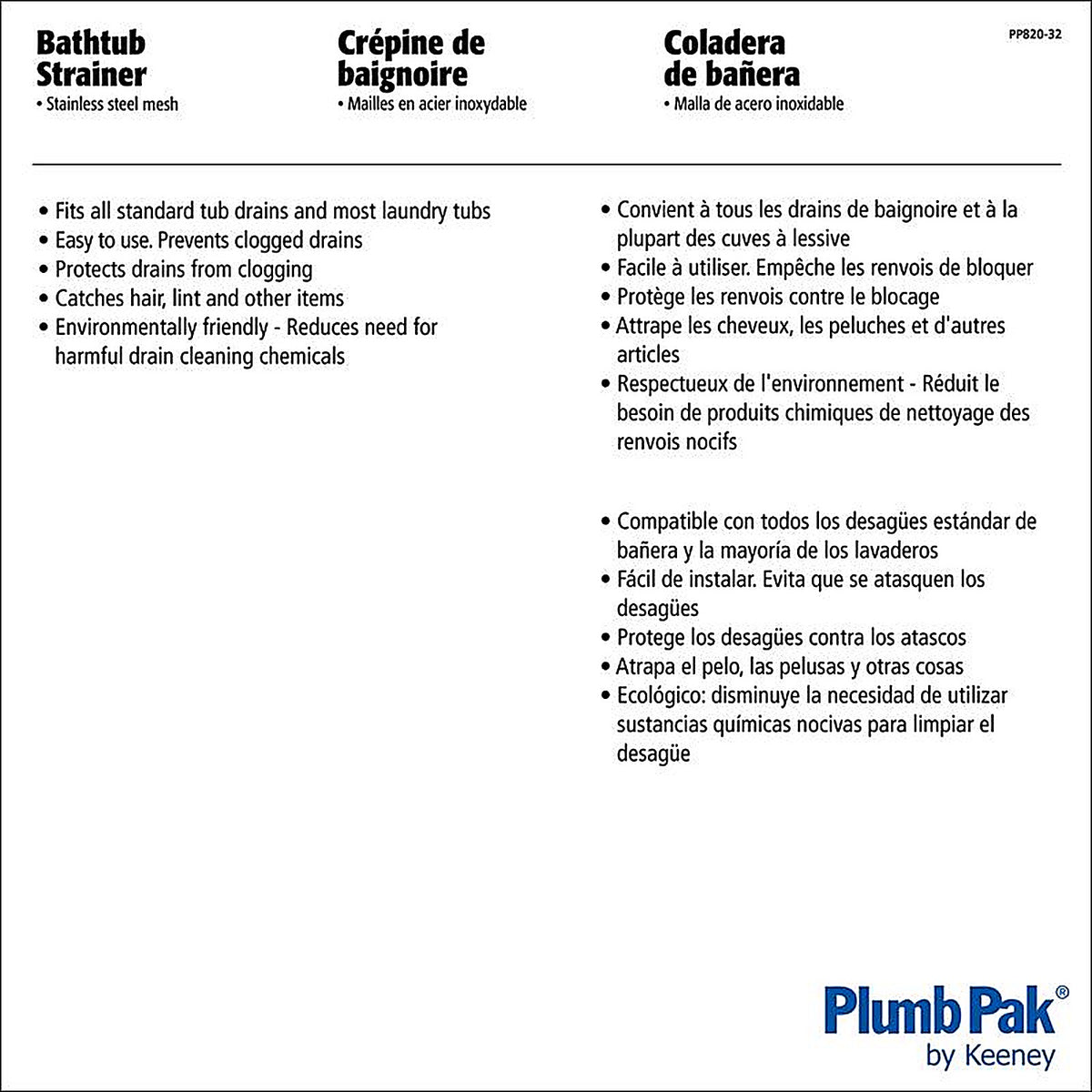 Plumb Pak PP820-32 2 in. Dia. Chrome Stainless Steel Mesh Strainer