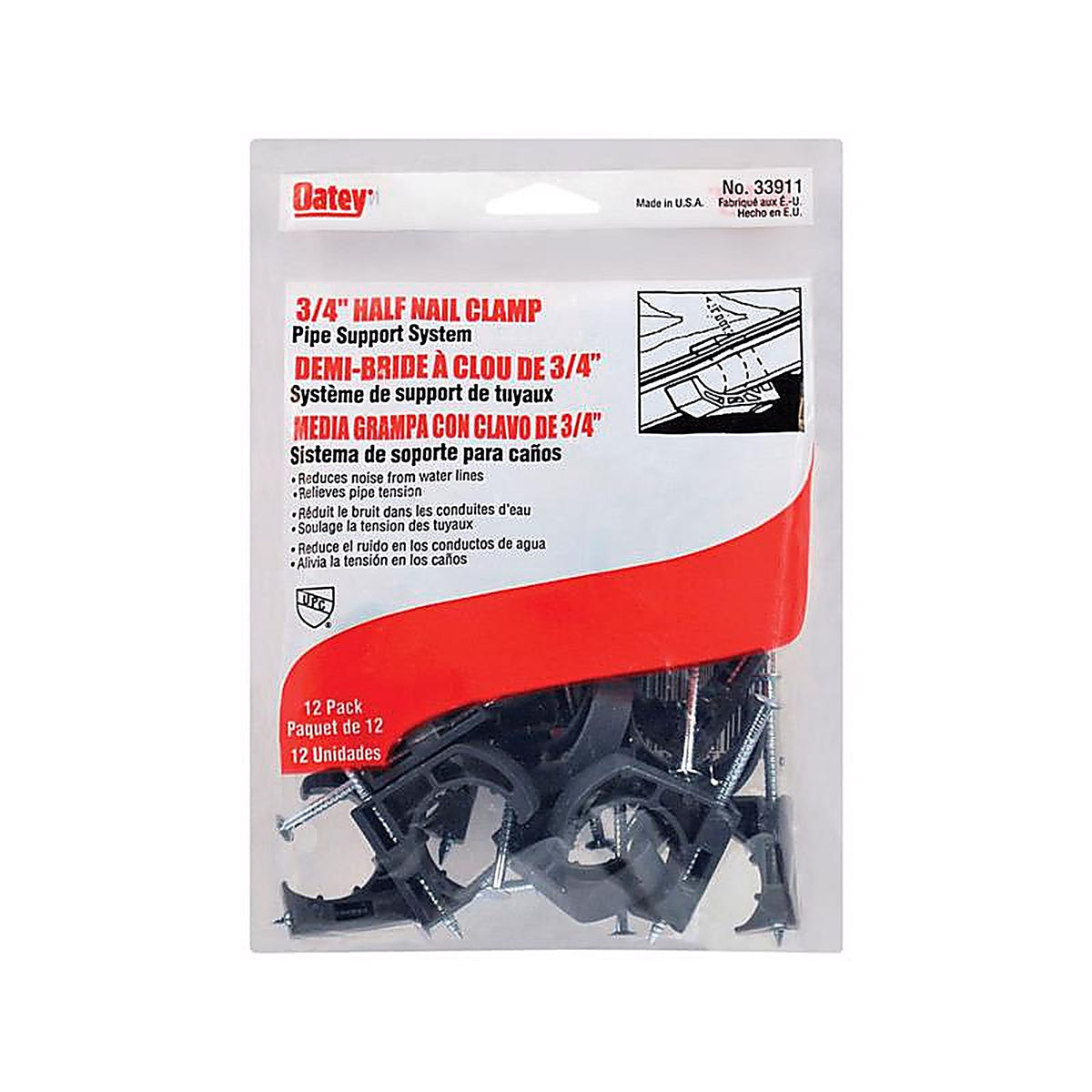 Oatey - 33911 - 3/4 In. Gray Plastic Half Nail Clamp