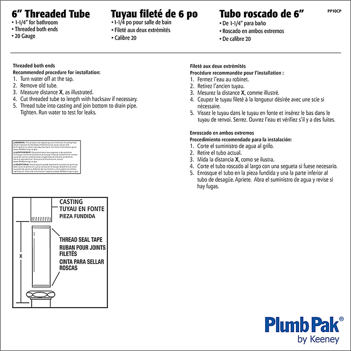 Plumb Pak PP10CP 1-1/4 in. D X 6 in. L Brass Extension Tube