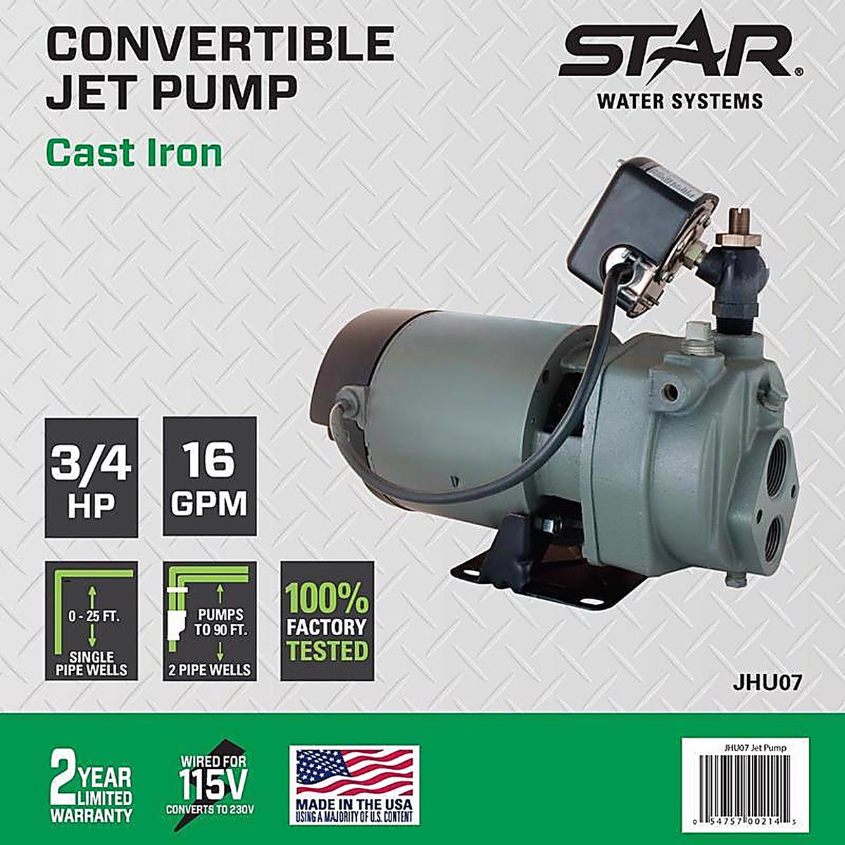 Star Water Systems - JHU07 - 3/4 HP 1020 GPH Cast Iron Convertible Jet Well Pump