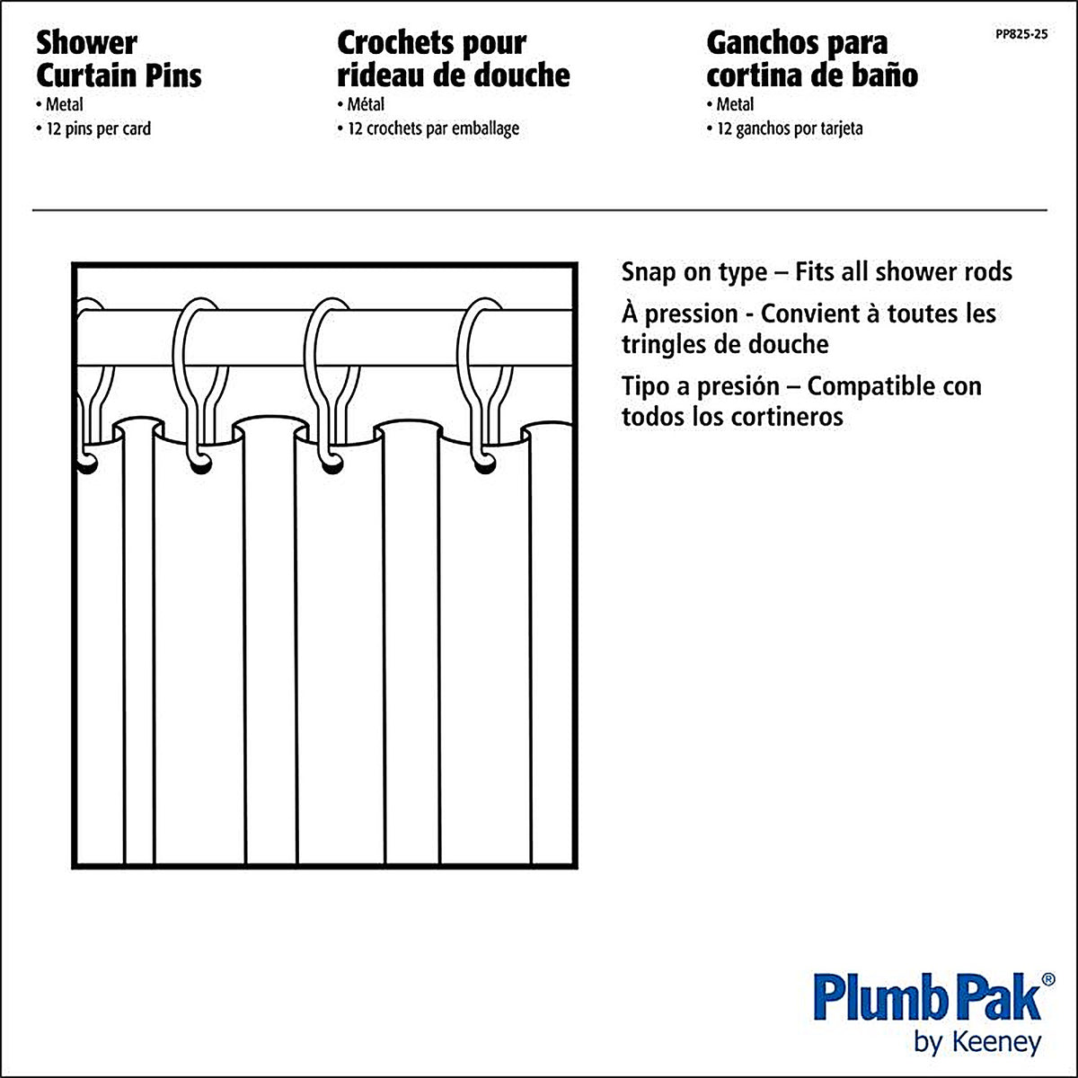Plumb Pak - PP825-25 - Chrome Gray Steel Shower Curtain Rings 12 Pack