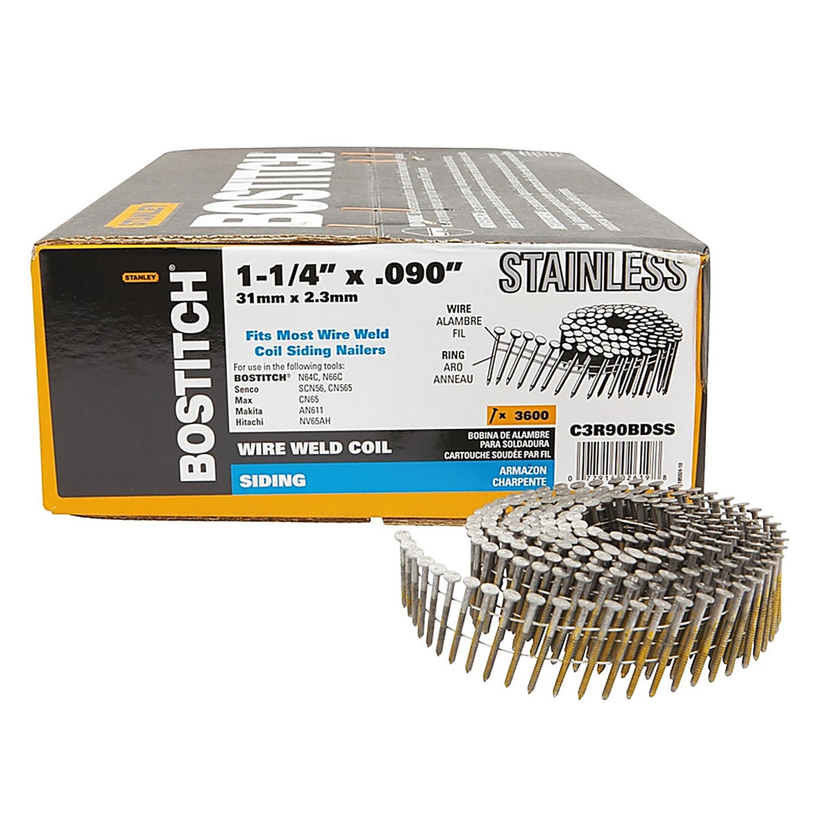 Bostitch - C3R90BDSS - 1-1/4 In. L X 11 Ga. Wire Coil Stainless Steel Siding Nails 15 Deg 3,600 Pack