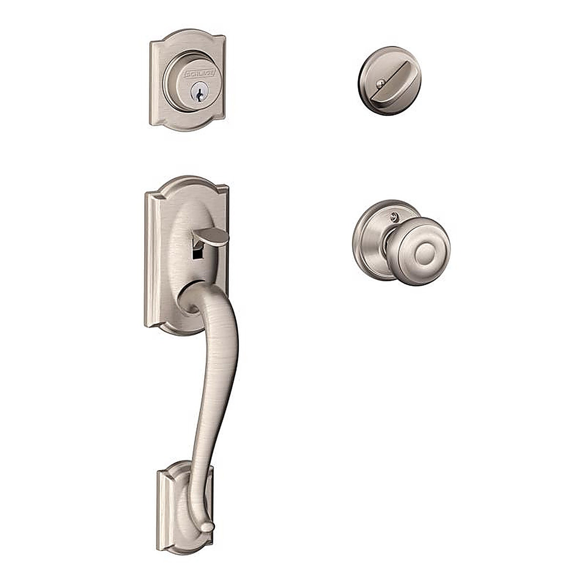 Schlage - F60GCAM619GEO - Camelot/Georgian Satin Nickel Single Cylinder Handleset and Knob Right or Left Handed