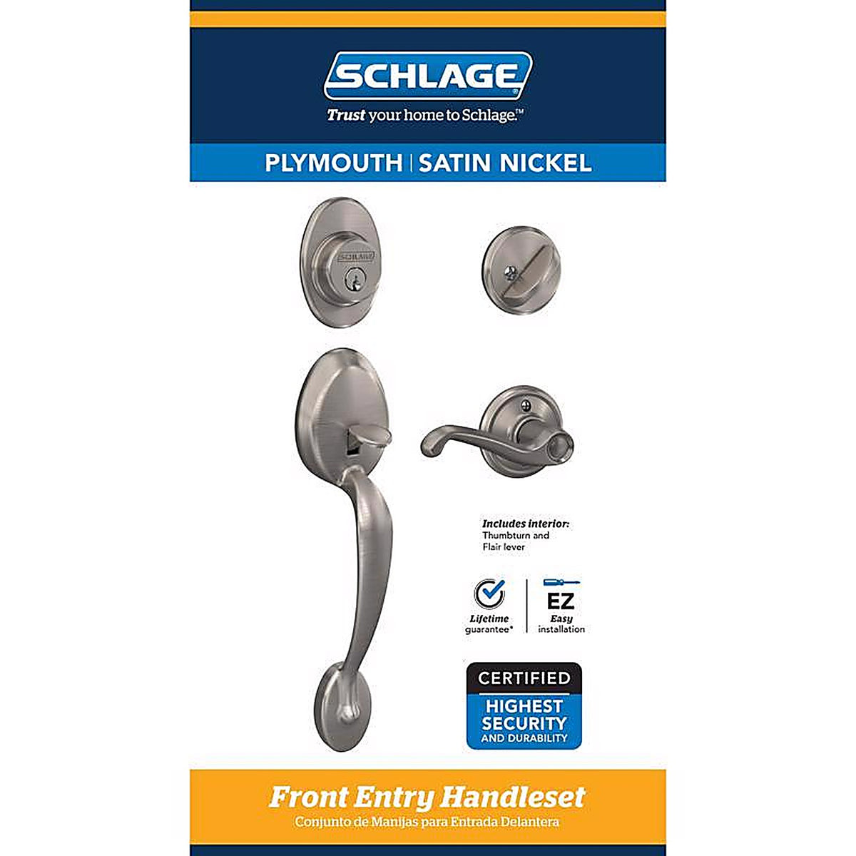 Schlage - F60GPLY619FLA - Plymouth/Flair Satin Nickel Single Cylinder Handleset and Knob Right or Left Handed