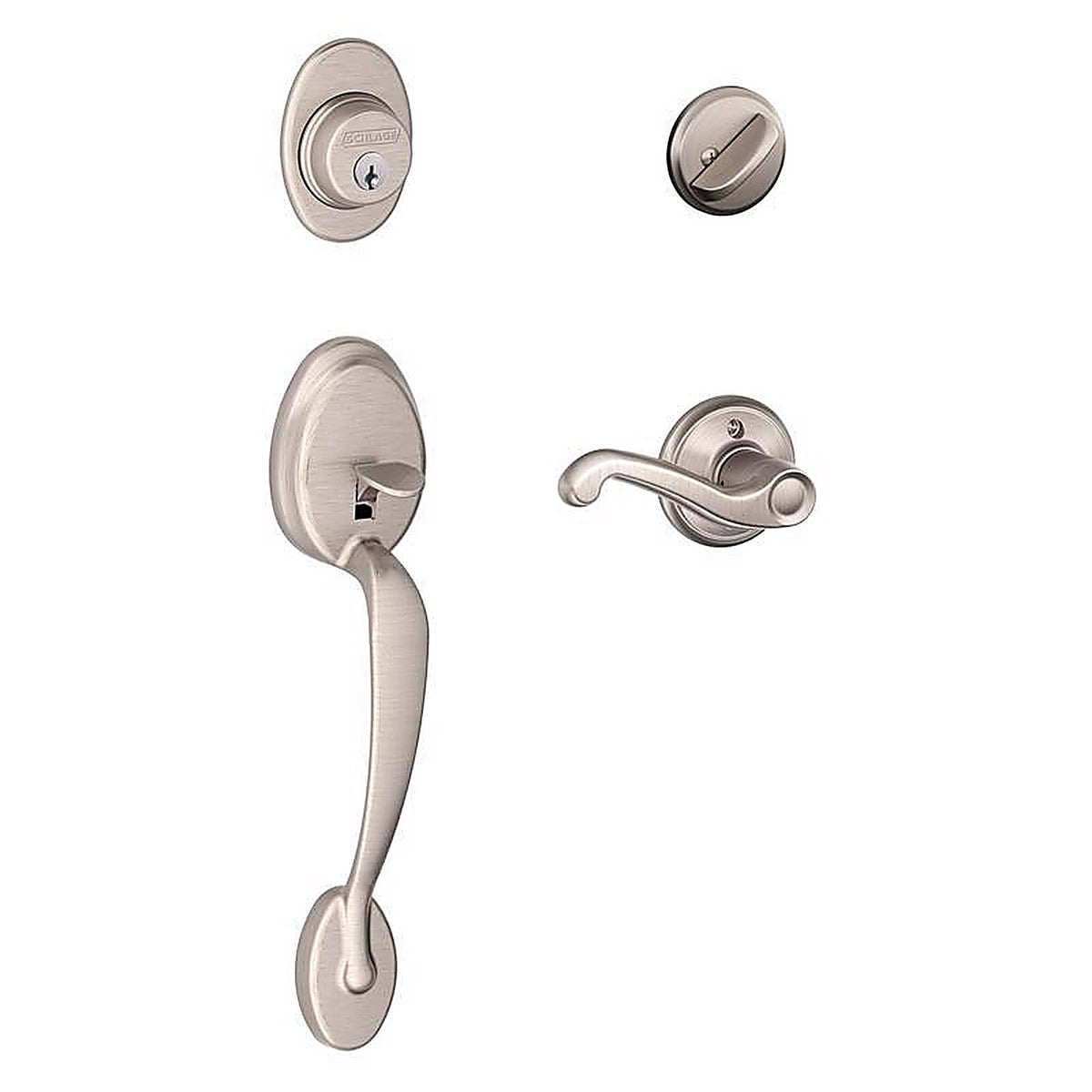 Schlage - F60GPLY619FLA - Plymouth/Flair Satin Nickel Single Cylinder Handleset and Knob Right or Left Handed
