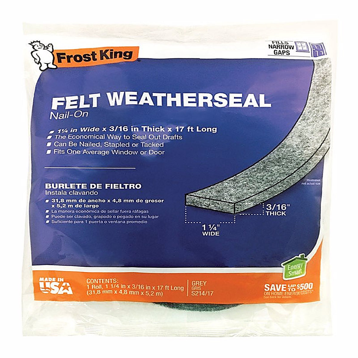 Frost King - S214/17H - Gray Felt Weather Seal for Doors and Windows 17 Ft. L X 0.19 In.