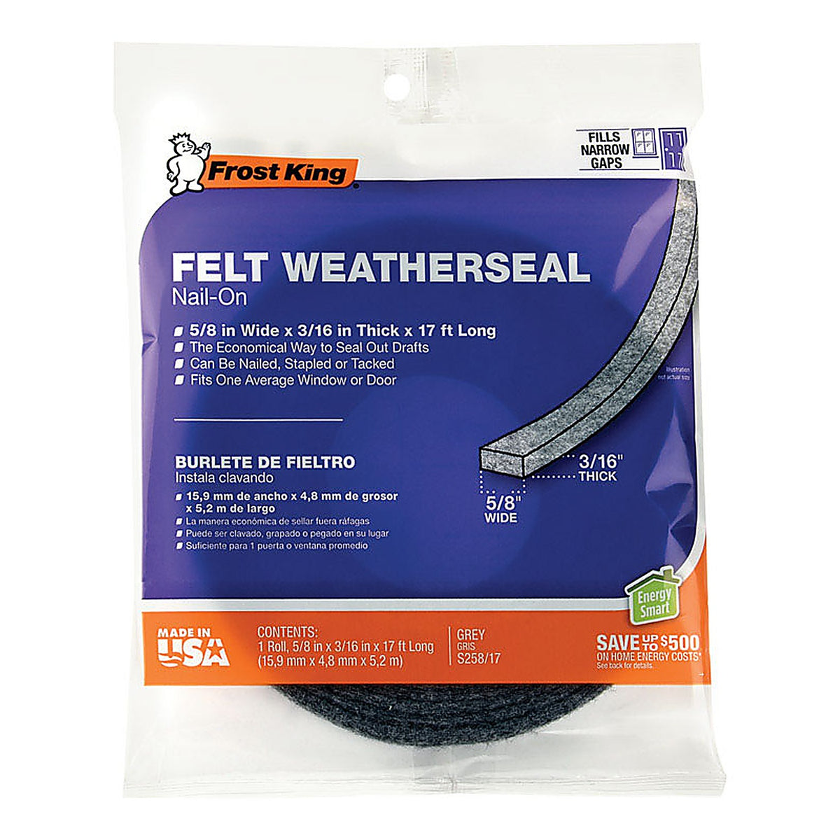 Frost King - S258/17H - Gray Felt Weather Seal for Doors and Windows 17 Ft. L X 0.19 In.