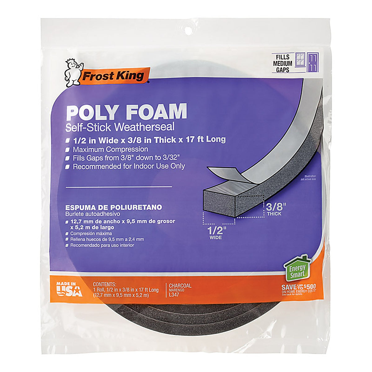 Frost King - L347 - Charcoal Poly Foam Weather Seal for Doors and Windows 17 Ft. L X 0.38 In.