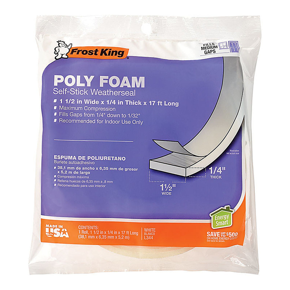 Frost King - L344H - White Poly Foam Weather Seal for Doors and Windows 17 Ft. L X 0.25 In.