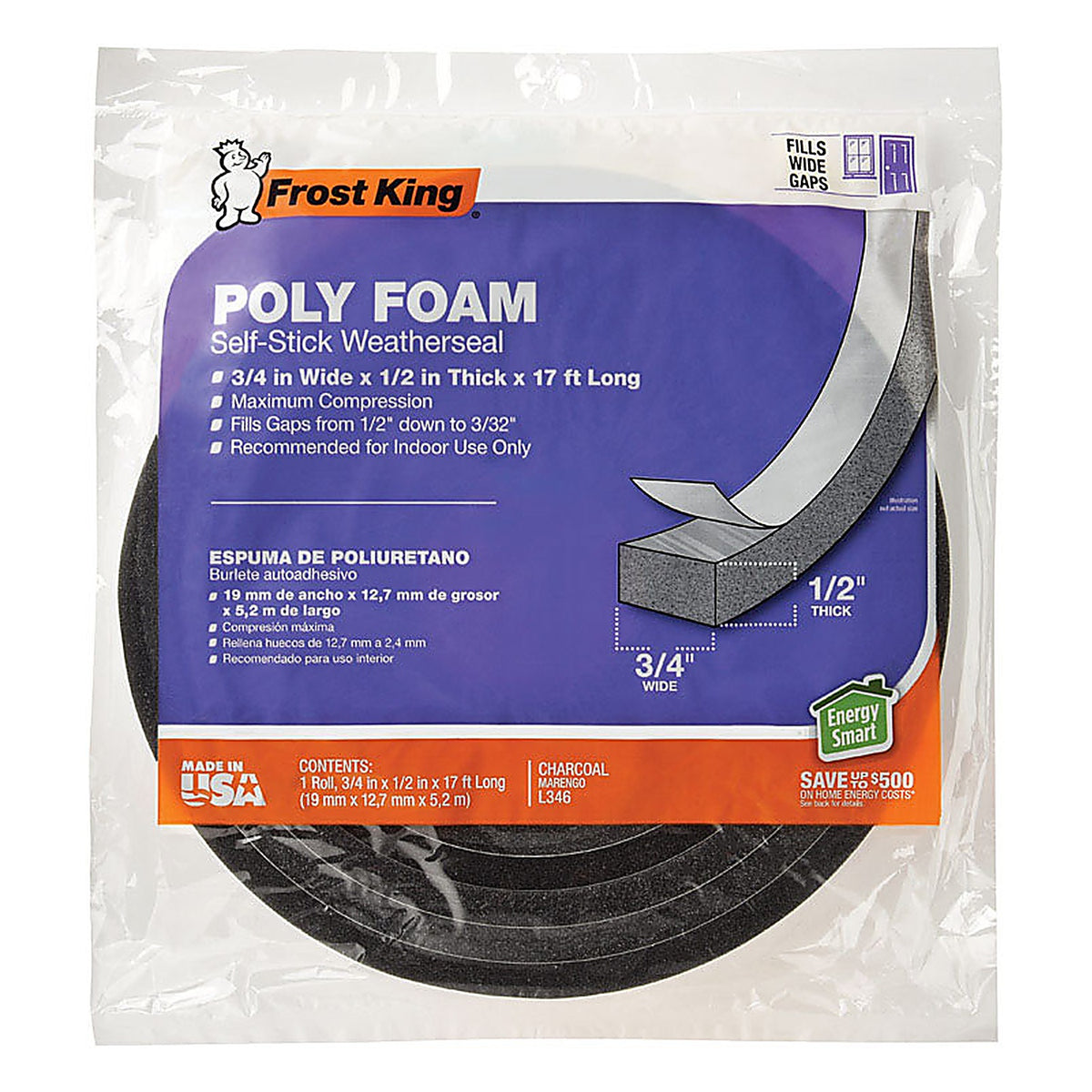 Frost King - L346 - Charcoal Poly Foam Weather Seal for Doors and Windows 17 Ft. L X 0.5 In.
