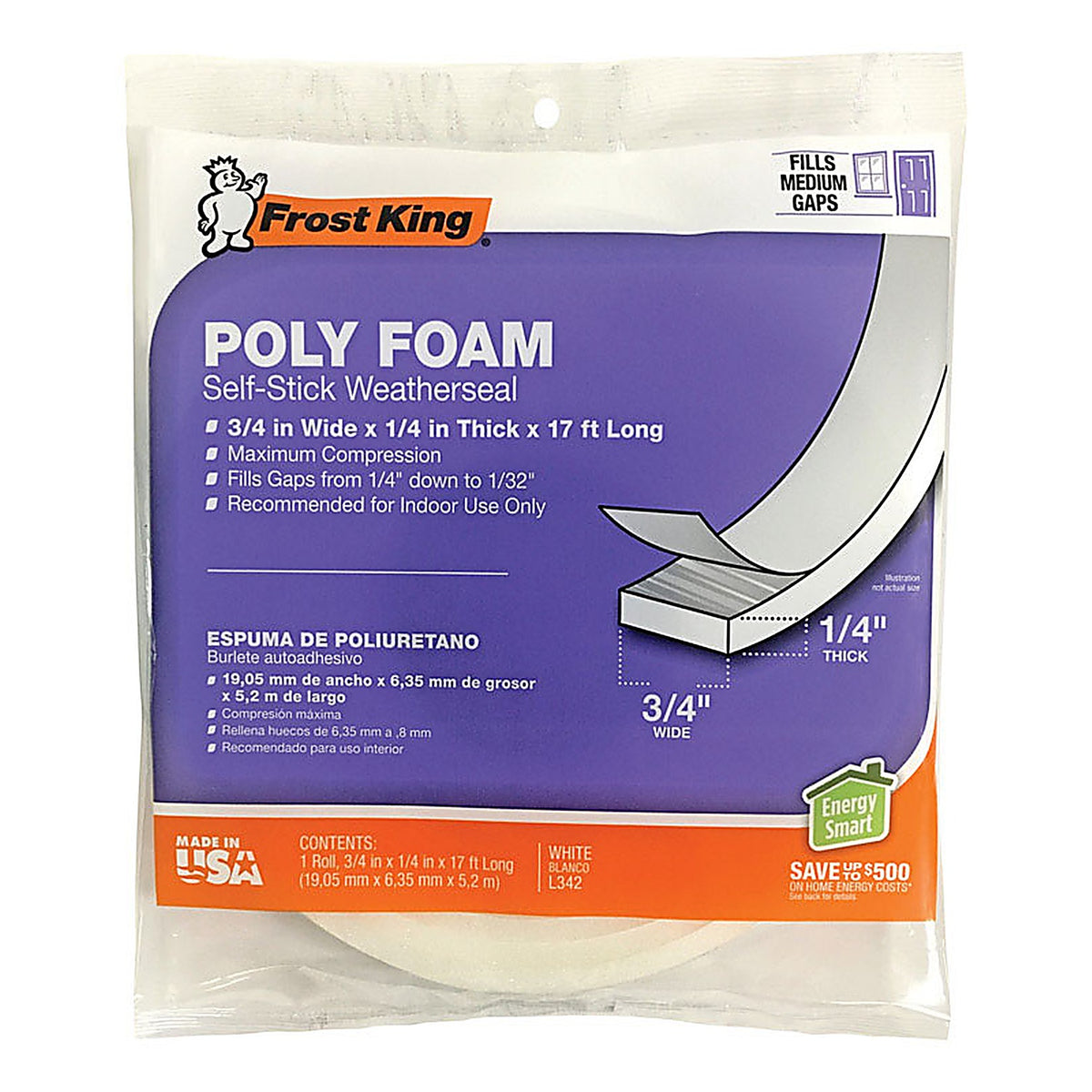 Frost King - L342H - White Poly Foam Weather Seal for Doors and Windows 17 Ft. L X 0.25 In.