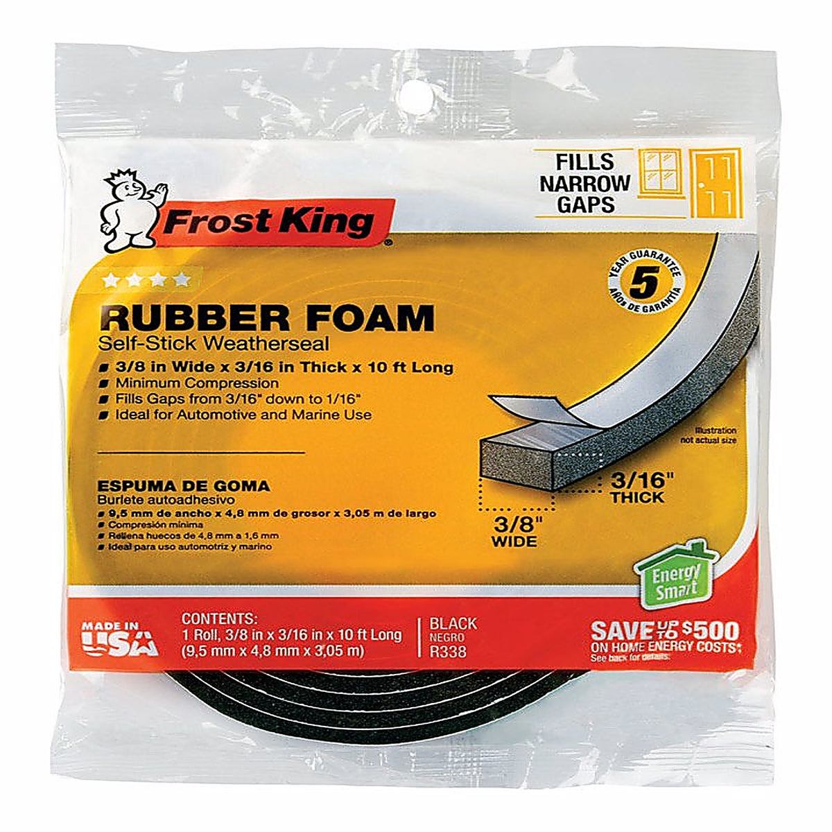 Frost King - R338H - Black Rubber Foam Weather Seal for Doors and Windows 10 Ft. L X 0.19 In.