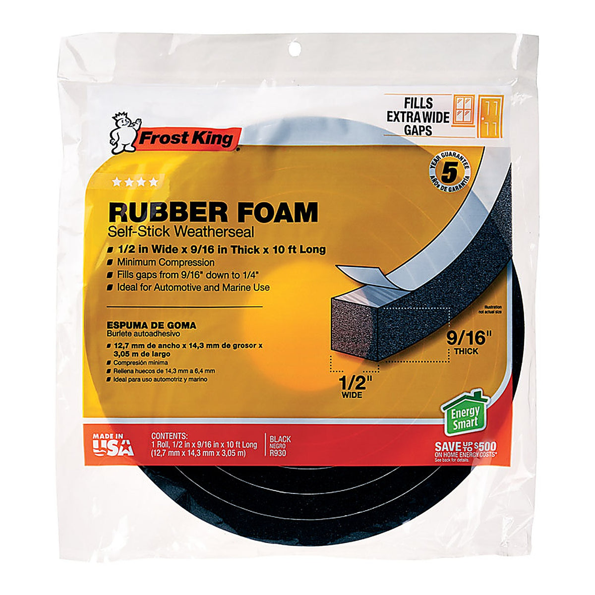 Frost King - R930H - Black Rubber Foam Weather Seal for Doors and Windows 10 Ft. L X 0.57 In.