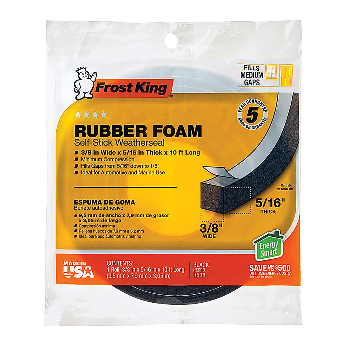 Frost King - R538H - Black Rubber Foam Weather Seal for Doors and Windows 10 Ft. L X 0.32 In.