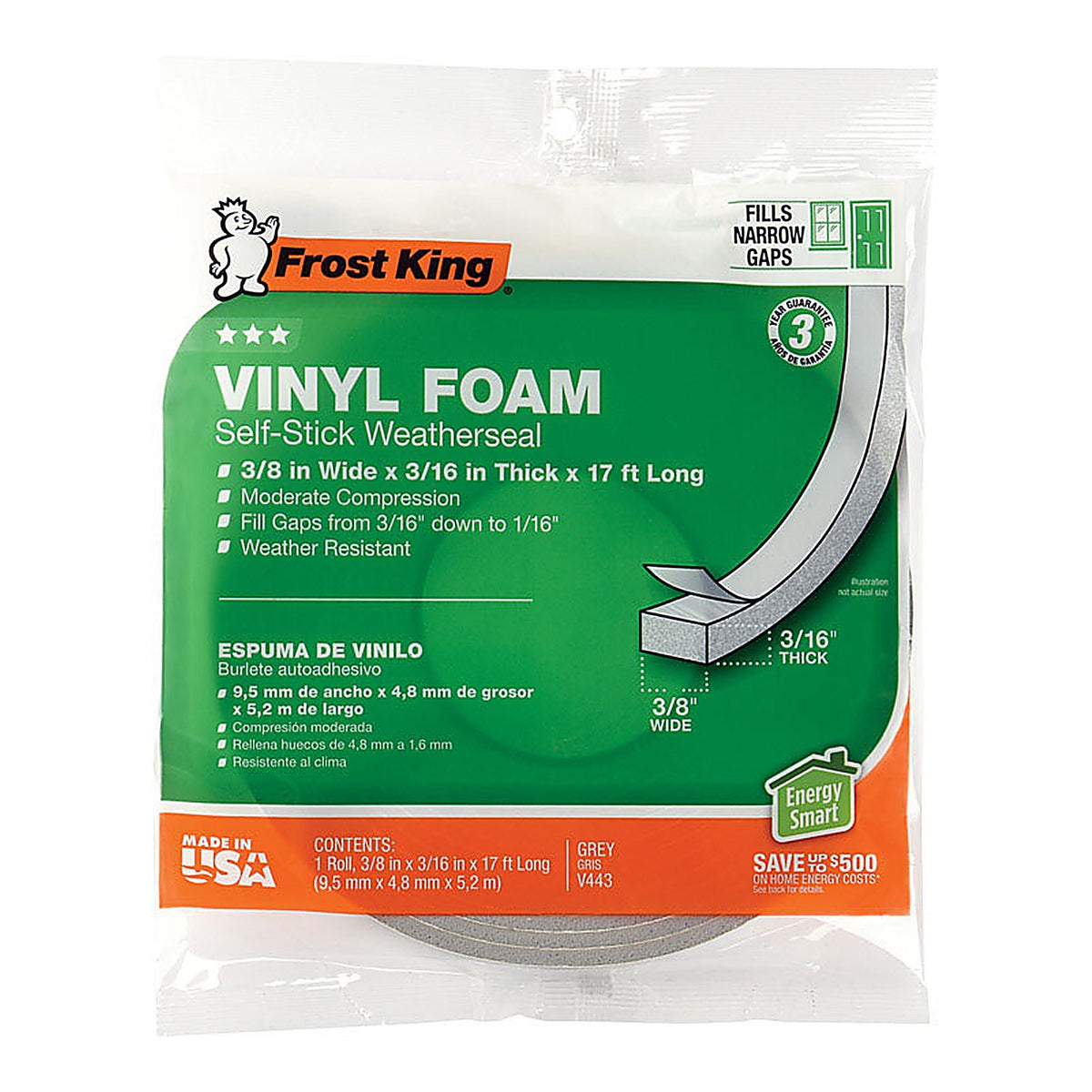 Frost King - V443H - Gray Foam/Vinyl Weather Seal for Doors and Windows 17 Ft. L X 0.19 In.