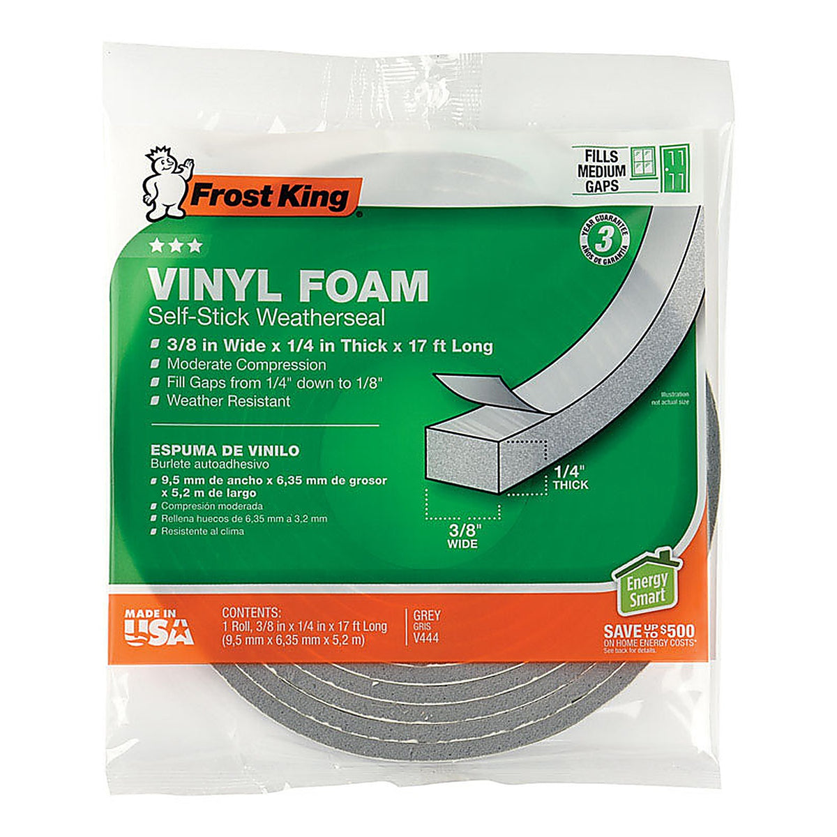 Frost King - V444H - Gray Vinyl Clad Foam Weather Seal for Doors and Windows 17 Ft. L X 0.25 In.