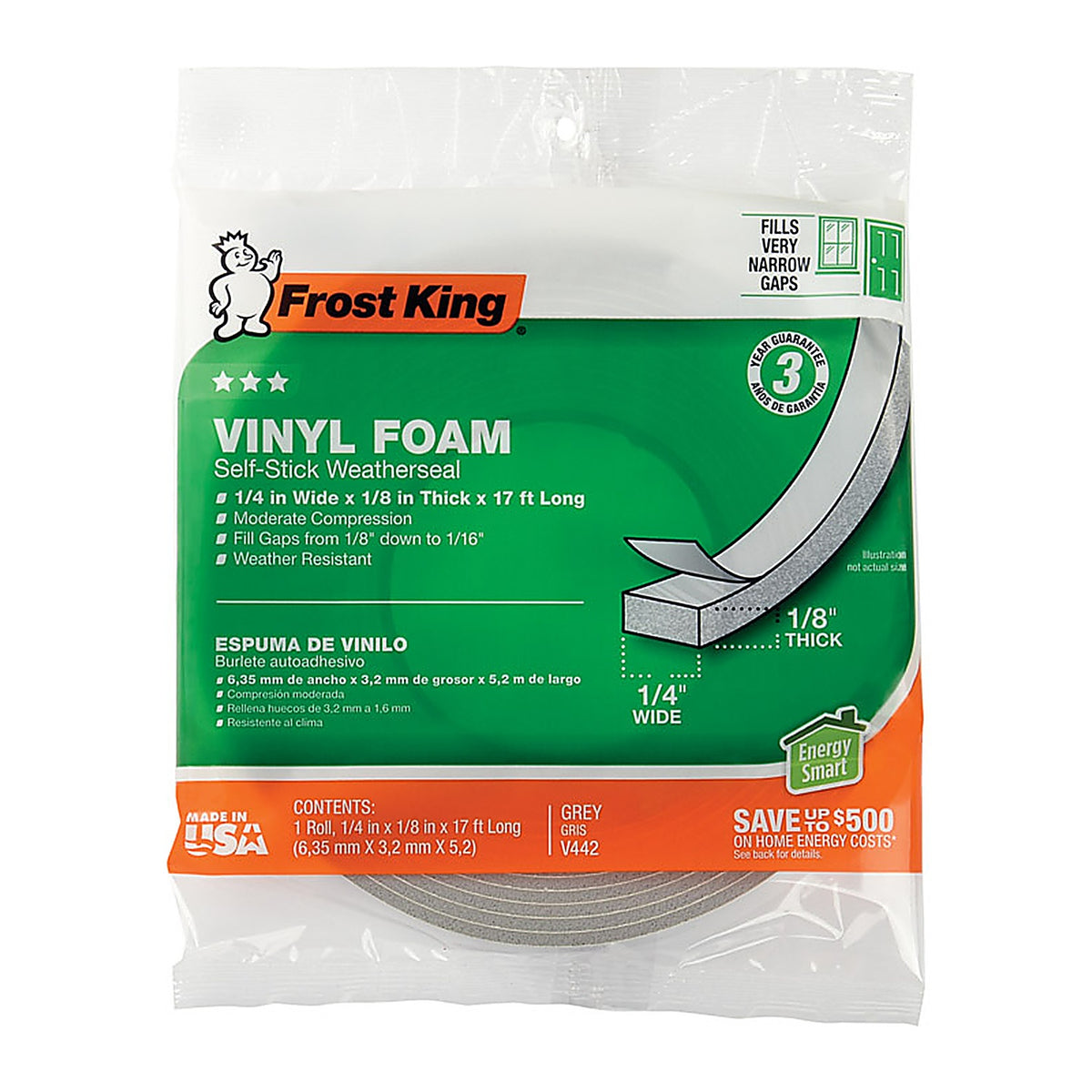 Frost King - V442H - Gray Vinyl Clad Foam Weather Seal for Doors and Windows 17 Ft. L X 0.13 In.