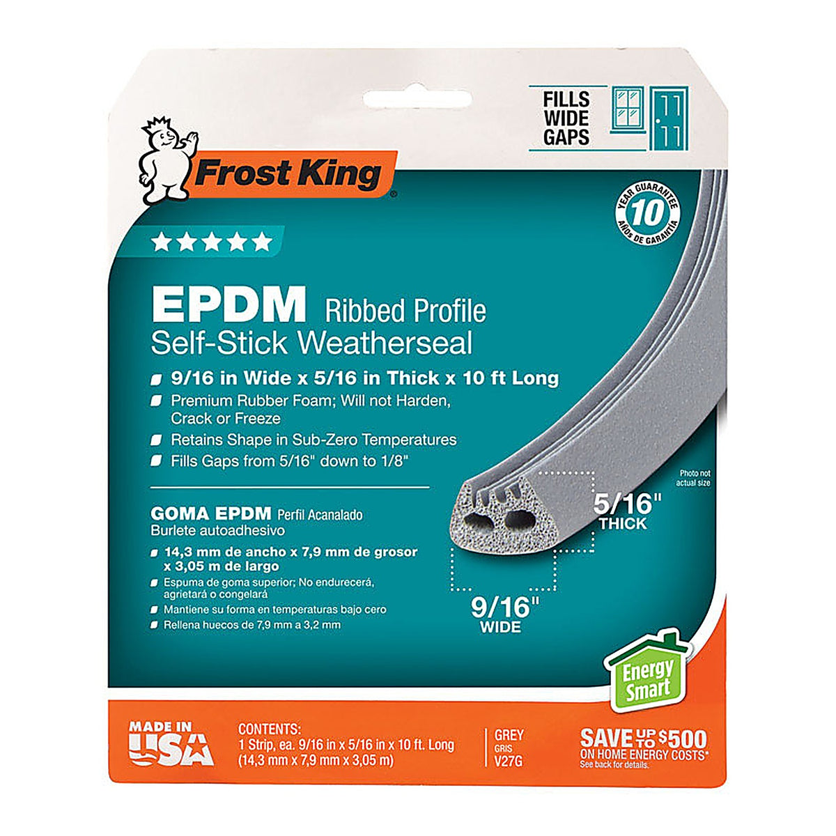 Frost King - V27GA - Gray Epdm Rubber Foam Weather Seal for Doors and Windows 10 Ft. L X 0.32 In.