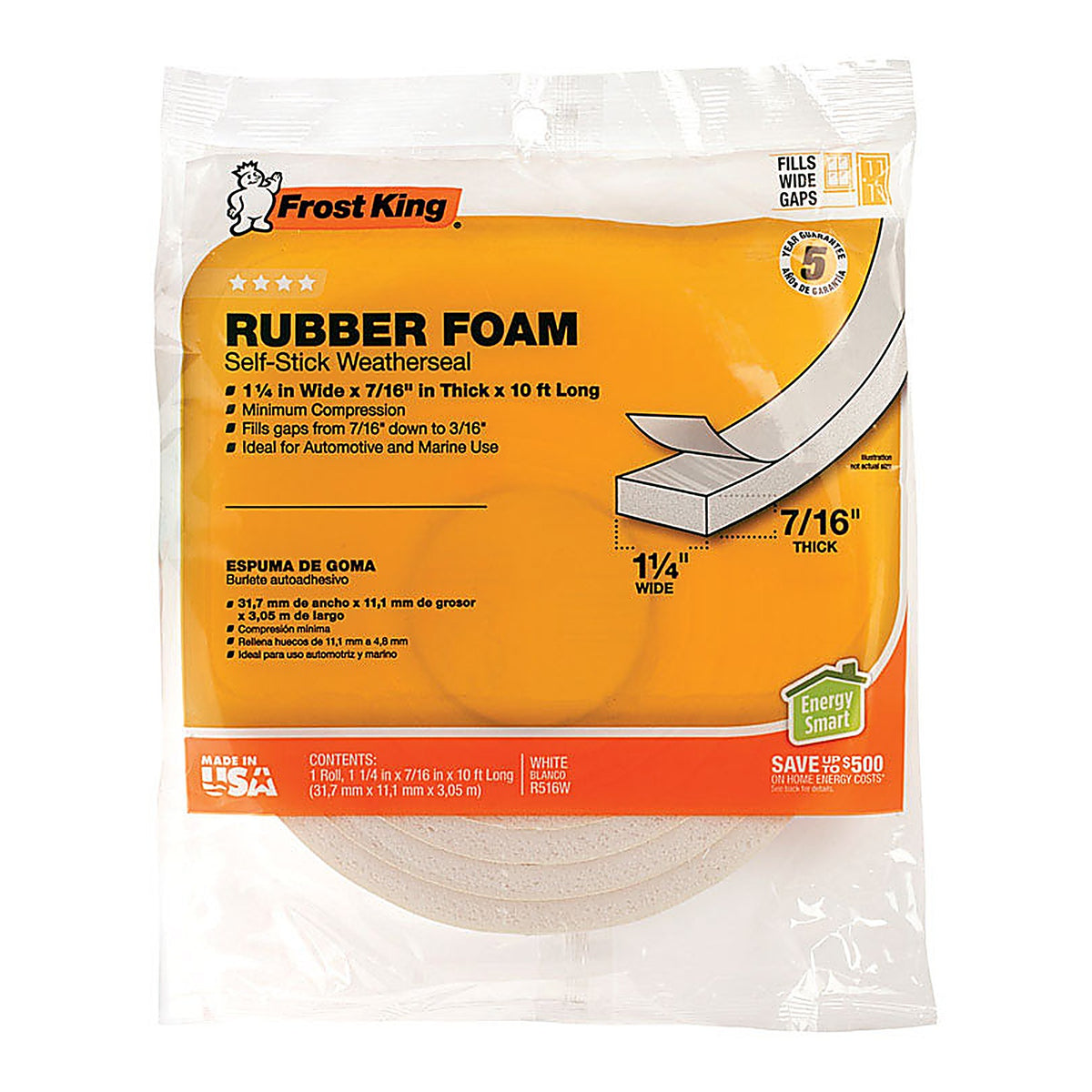 Frost King - R516WH - White Rubber Foam Weather Seal for Doors and Windows 10 Ft. L X 0.44 In.