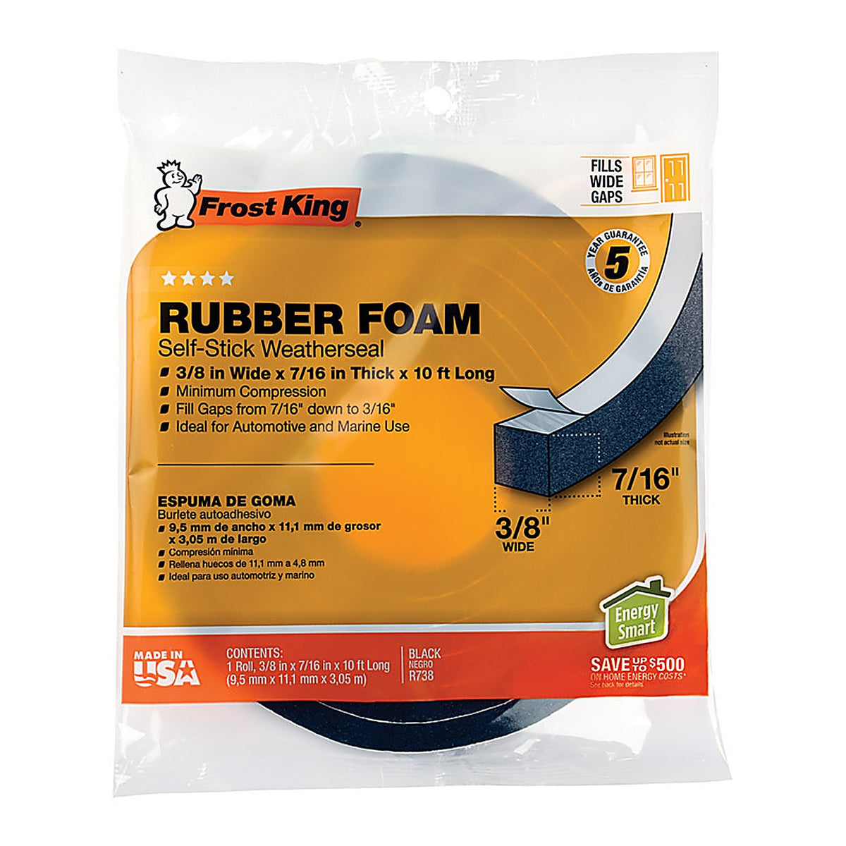 Frost King - R738H - Black Rubber Foam Weather Seal for Doors and Windows 10 Ft. L X 0.44 In.