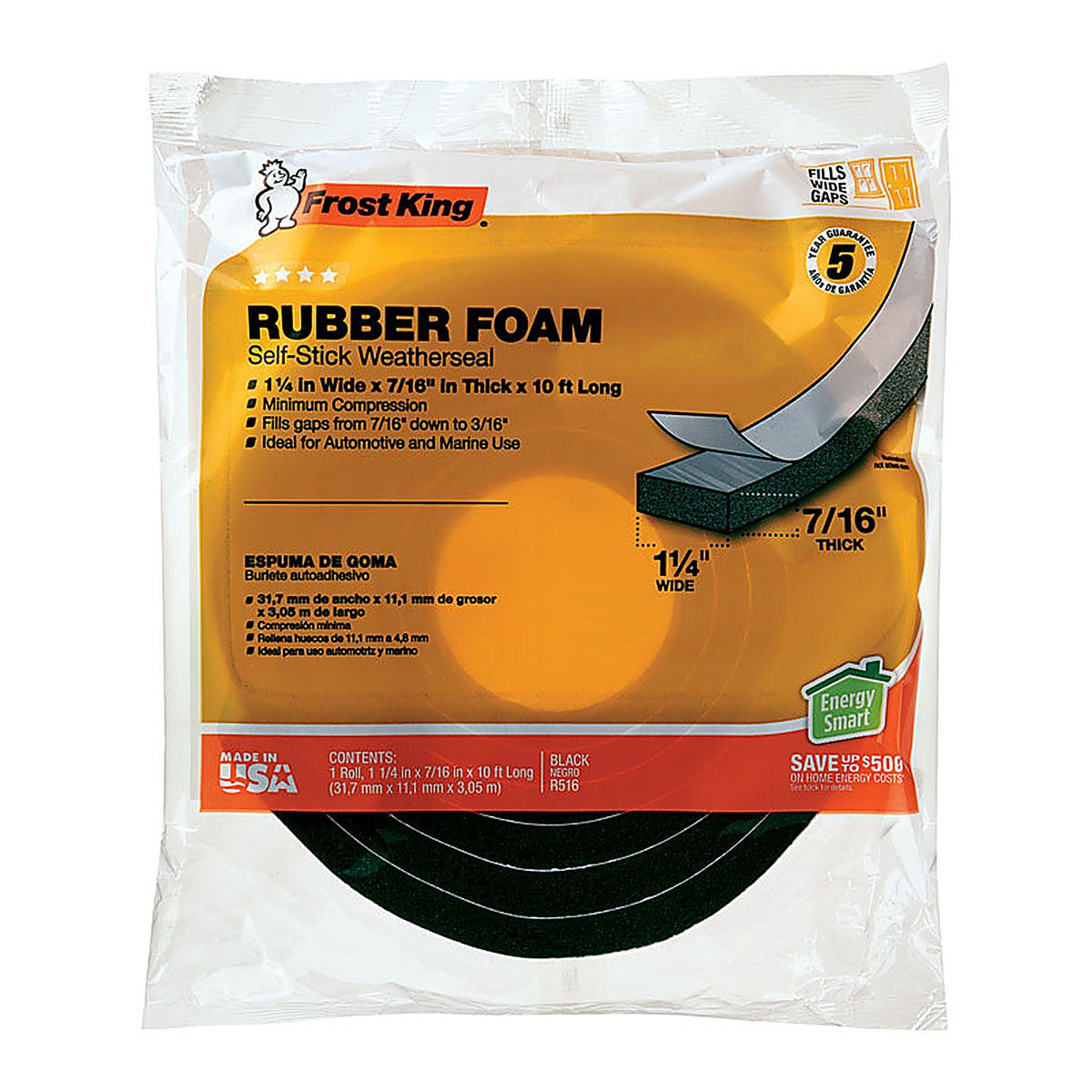 Frost King - R516H - Black Rubber Foam Weather Seal for Doors and Windows 10 Ft. L X 0.44 In.