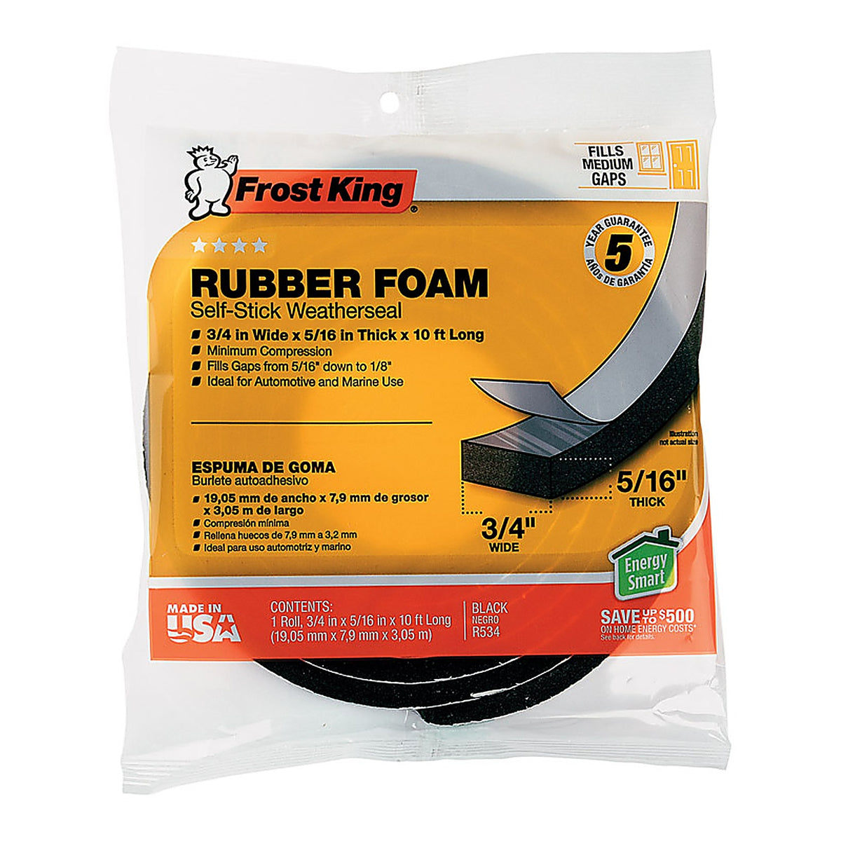 Frost King - R534H - Black Rubber Foam Weather Seal for Doors and Windows 10 Ft. L X 0.32 In.