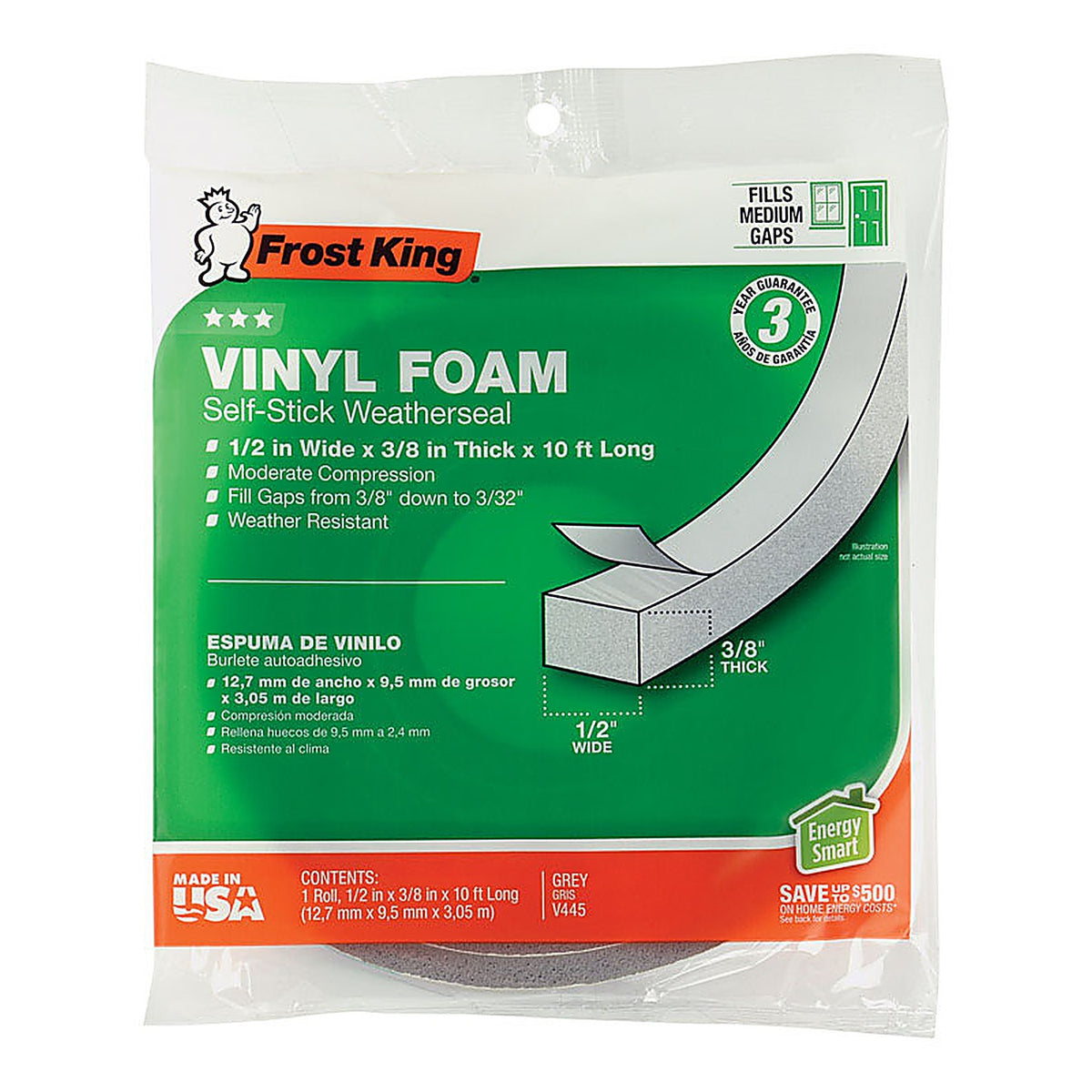 Frost King - V445H - Gray Vinyl Clad Foam Weather Seal for Doors and Windows 10 Ft. L X 0.38 In.
