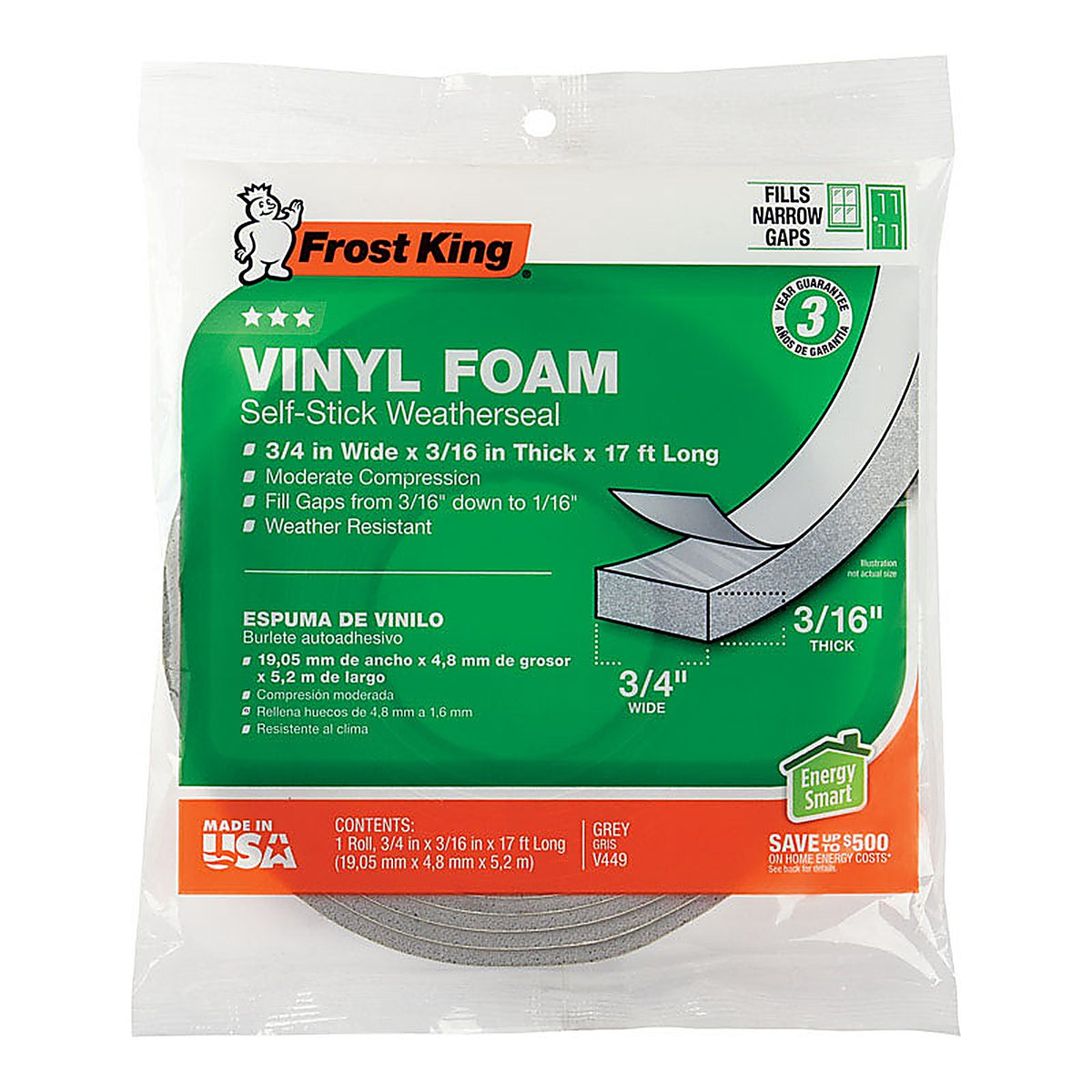 Frost King - V449H - Gray Vinyl Clad Foam Weather Seal for Doors and Windows 17 Ft. L X 0.19 In.