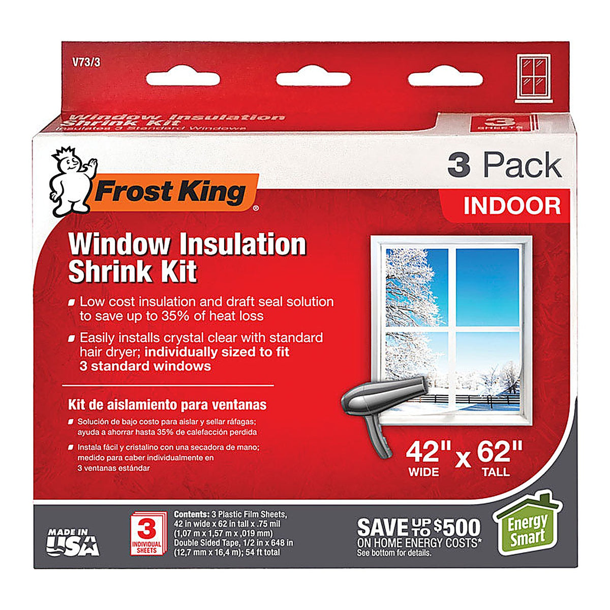 Frost King - V73/3H - Clear Shrink Indoor Window Film Insulator Kit 42 In. W X 62 In. L