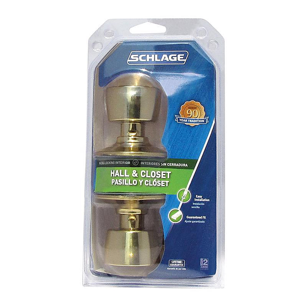 Schlage F10VBEL605 Bell Bright Brass Passage Lockset ANSI Grade 2 1-3/4 in.