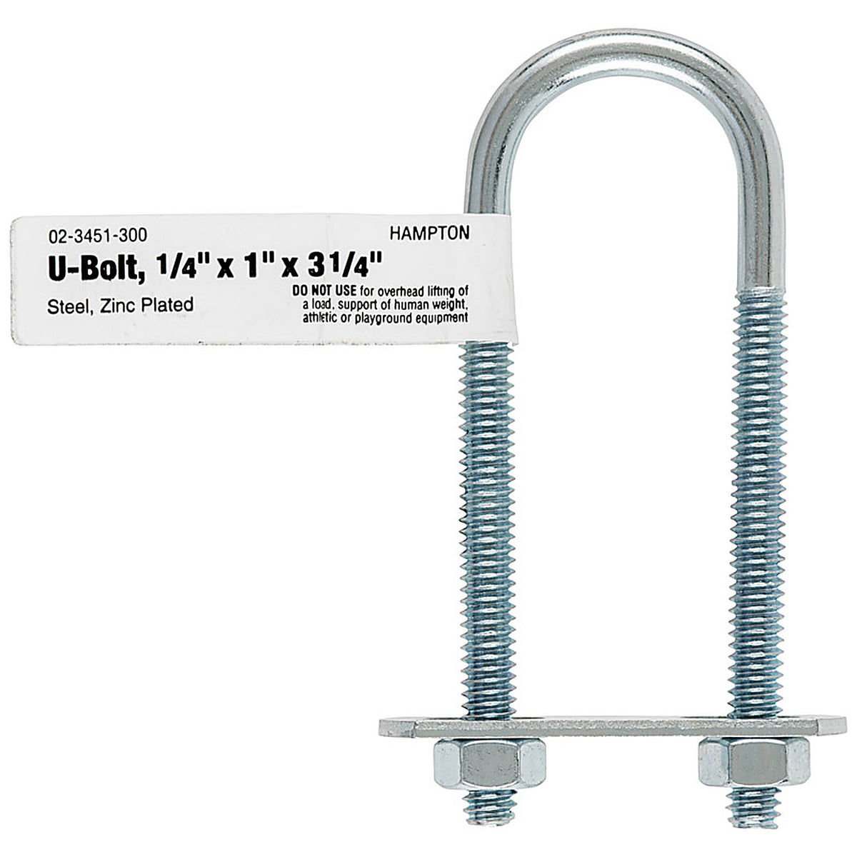 Hampton 02-3451-300 1/4 in. x 1 in. W x 3-1/4 in. L Coarse Zinc-Plated Steel U-Bolt
