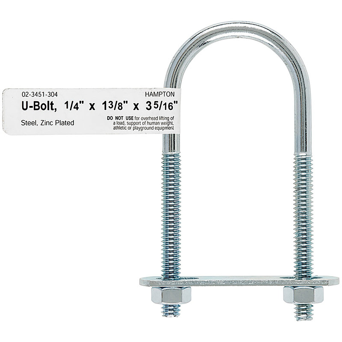 Hampton 02-3451-304 1/4 in. x 1-3/8 in. W x 3-3/8 in. L Coarse Zinc-Plated Steel U-Bolt