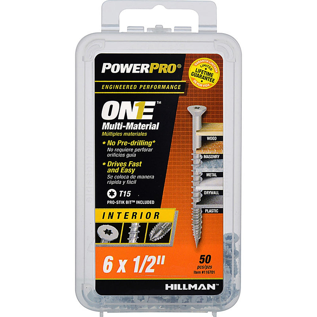 Hillman 116701 Power Pro One No. 6 x 1/2 in. L Star Flat Head Multi-Material Screw 50/Pack