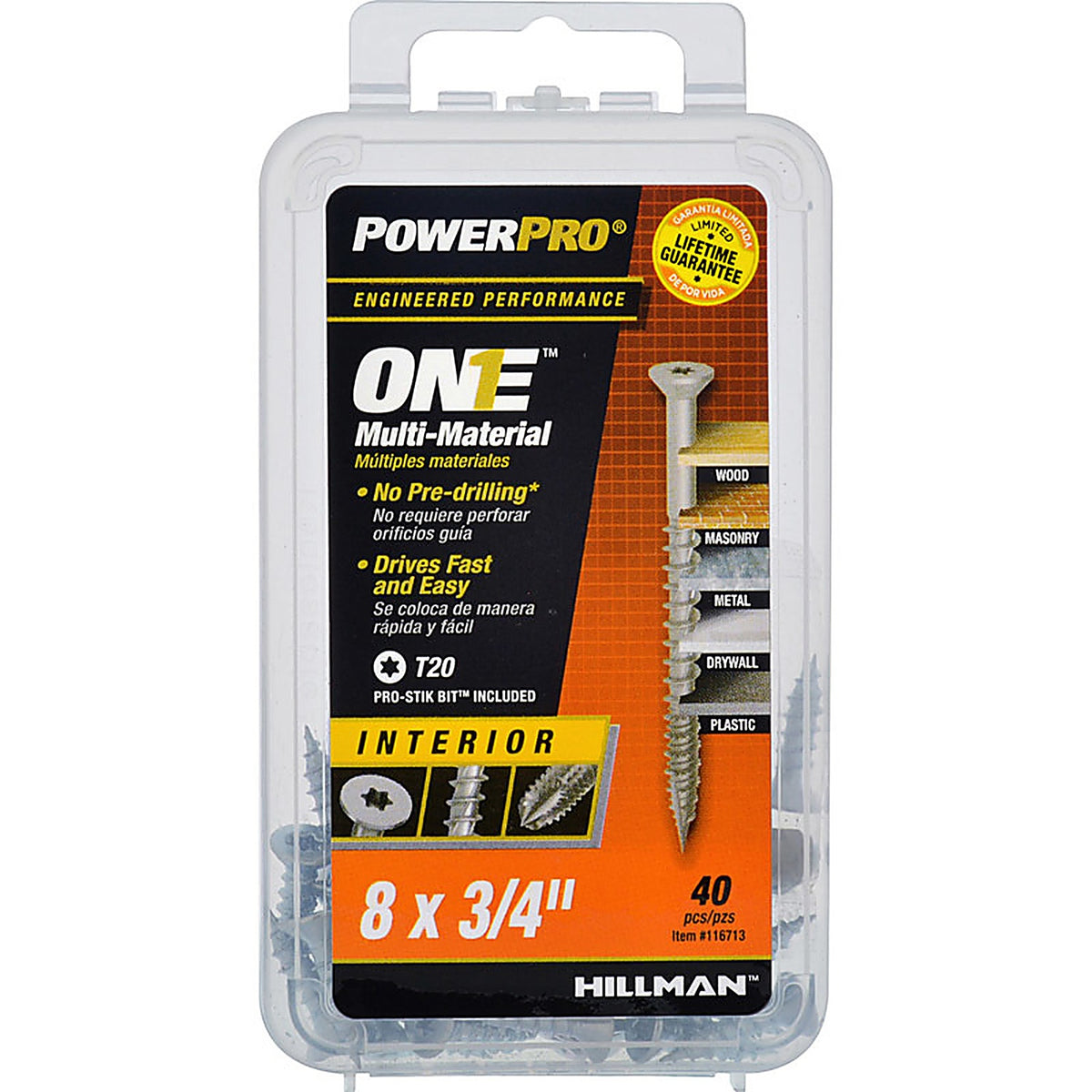 Hillman 116713 Power Pro One No. 8 x 3/4 in. L Star Flat Head Multi-Material Screw 40/Pack