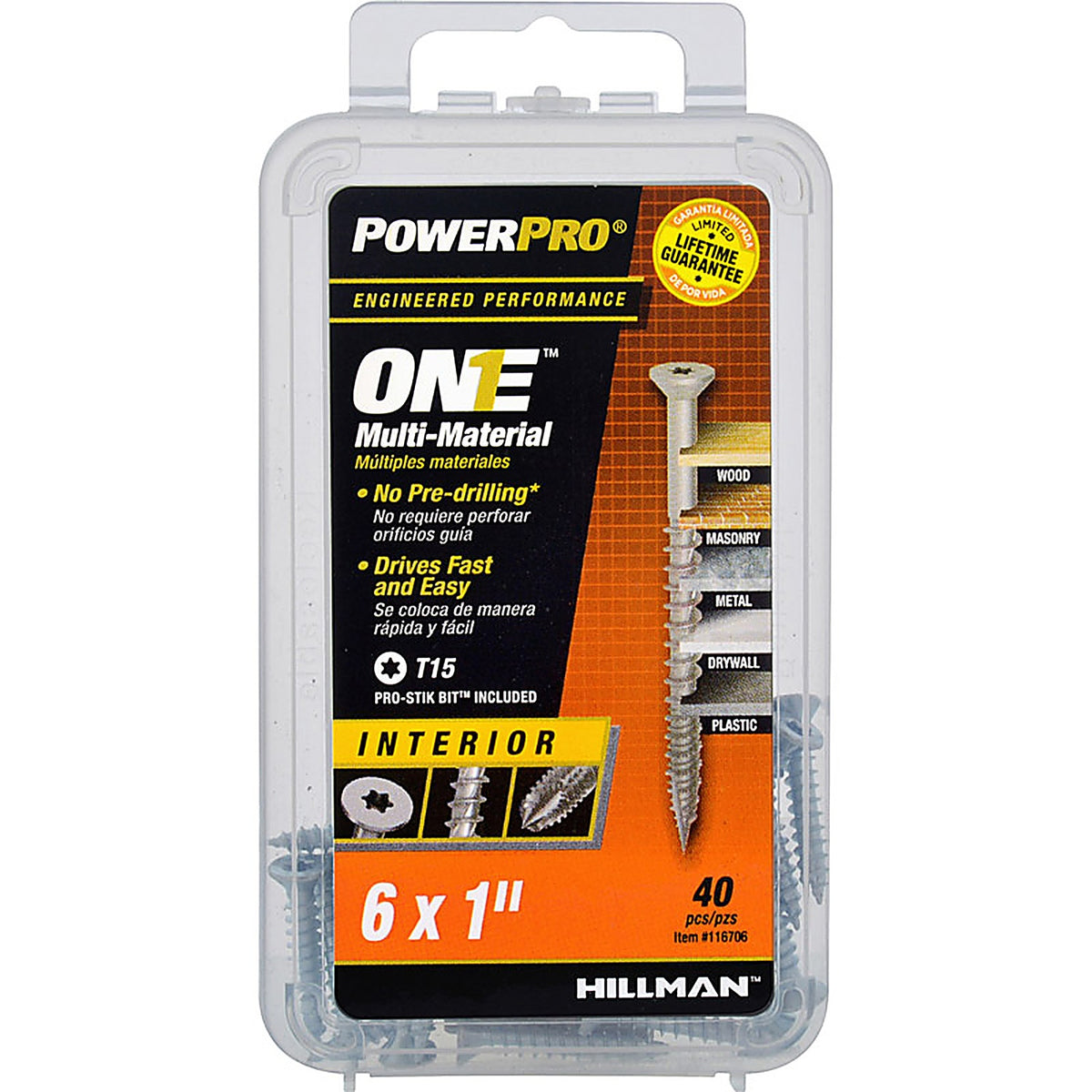 Hillman 116706 Power Pro One No. 6 x 1 in. L Star Flat Head Multi-Material Screw 40/Pack