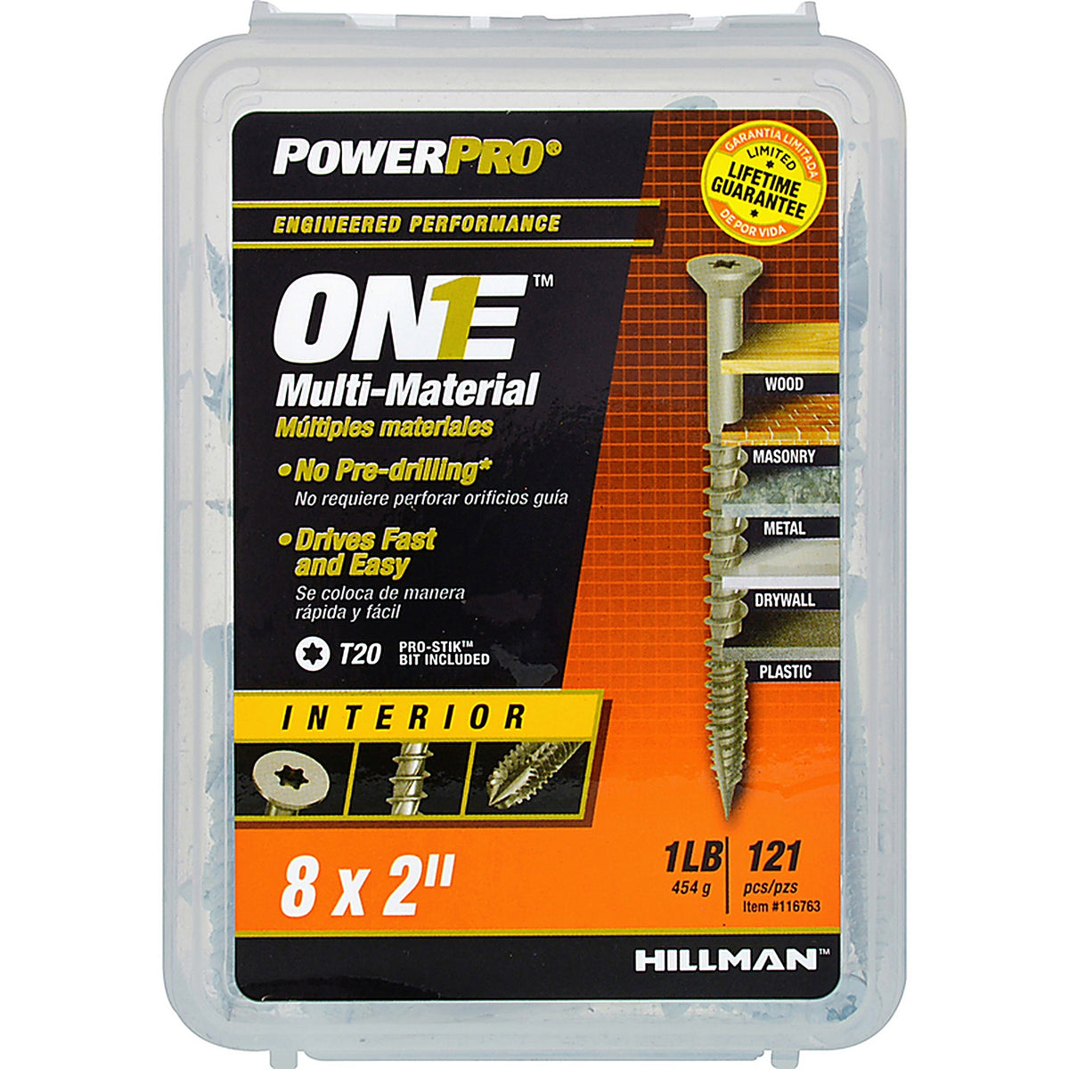 Hillman 116763 Power Pro One No. 8 x 2 in. L Star Flat Head Multi-Material Screw 1 lb. 121/Pack