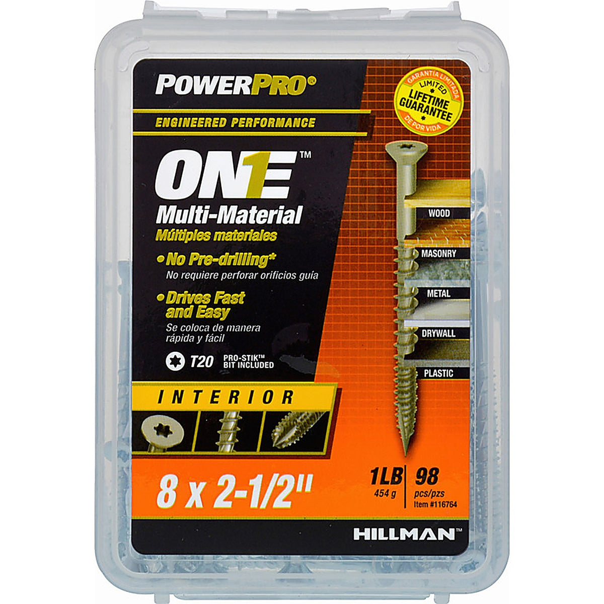 Hillman 116764 Power Pro One No. 8 x 2-1/2 in. L Star Flat Head Multi-Material Screw 1 lb. 98/Pack