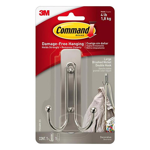 3M 17036BN-ES Command 2 in. L Brushed Nickel Metal Large Double Hook 4 lb. capacity 1/Pack