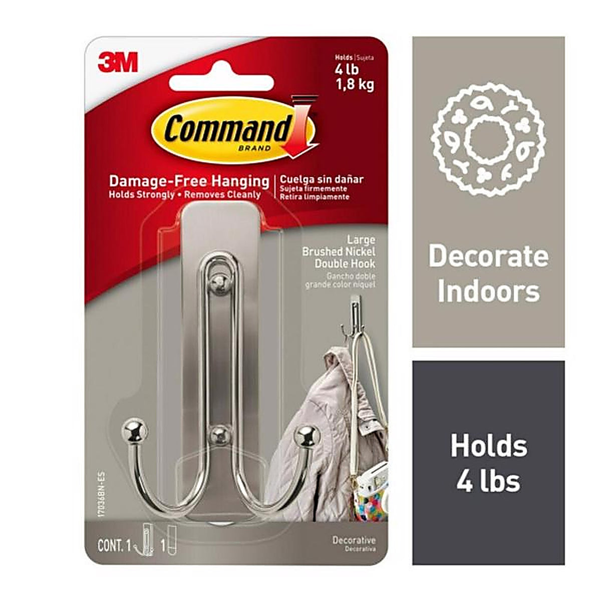 3M 17036BN-ES Command 2 in. L Brushed Nickel Metal Large Double Hook 4 lb. capacity 1/Pack