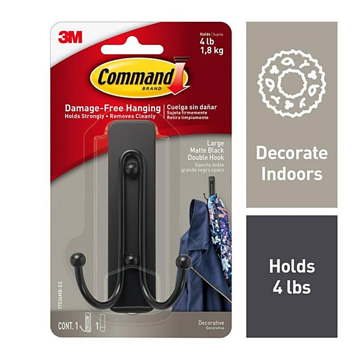 3M 17036MB-ES Command 2 in. L Matte Black Metal Large Double Hook 4 lb. capacity 1/Pack