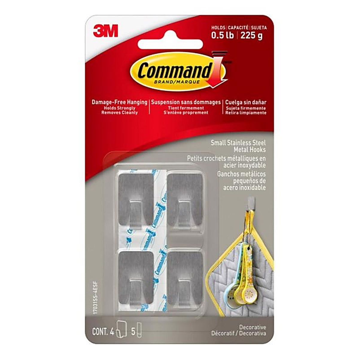3M 17031SS-4ES Command Stainless Steel Metal Small Hook 0.5 lb. capacity 4/Pack