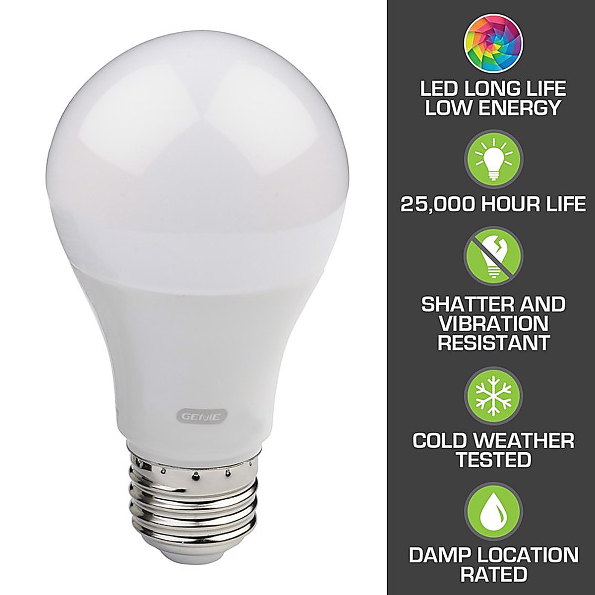 Genie - 40654R - Title 20 Approved A19 E26 (Medium) LED Garage Bulb Warm White 60 Watt Equivalence 1 Pack