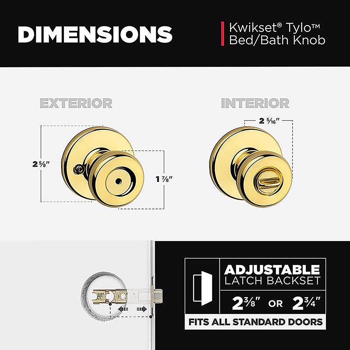 Kwikset 93001-923 Tylo Polished Brass Privacy Lockset ANSI/BHMA Grade 3 1-3/4 in.