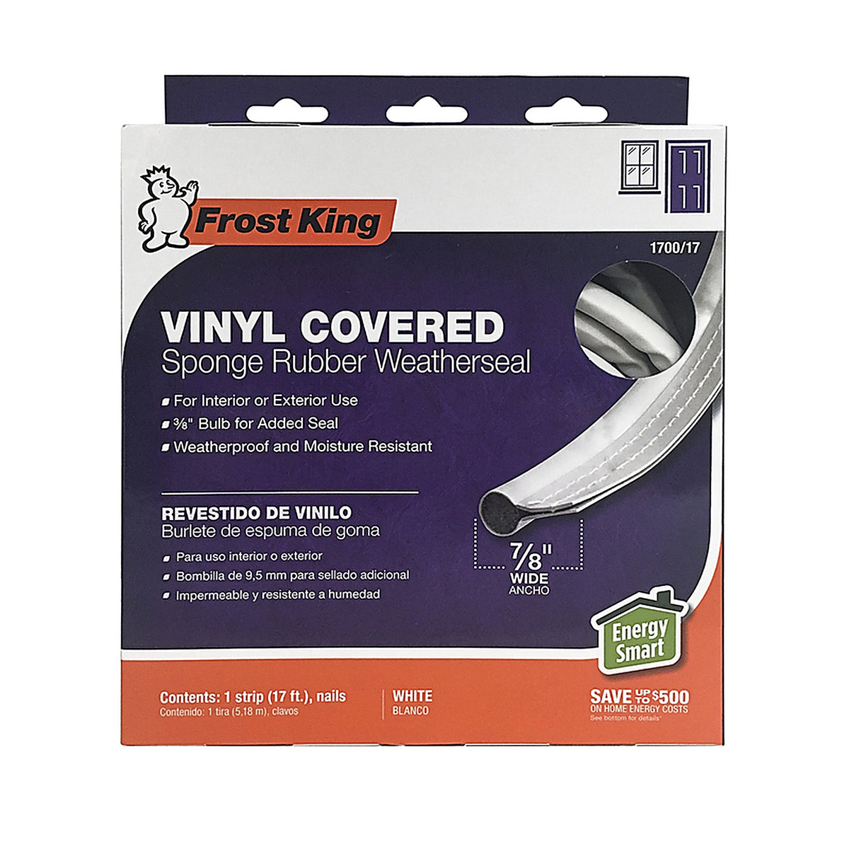 Frost King - 1700/17 - White Vinyl Clad Foam Weather Seal for Doors and Windows 17 Ft. L X 0.88 In.