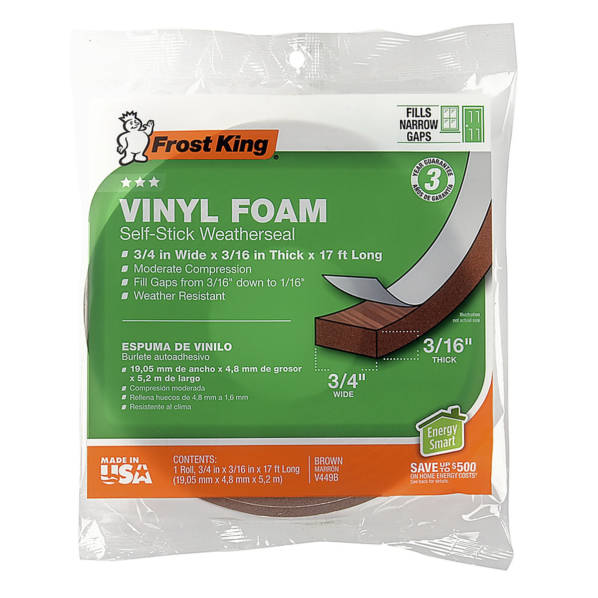 Frost King - V449BH - Brown Vinyl Weather Seal for Doors and Windows 17 Ft. L X 0.19 In.