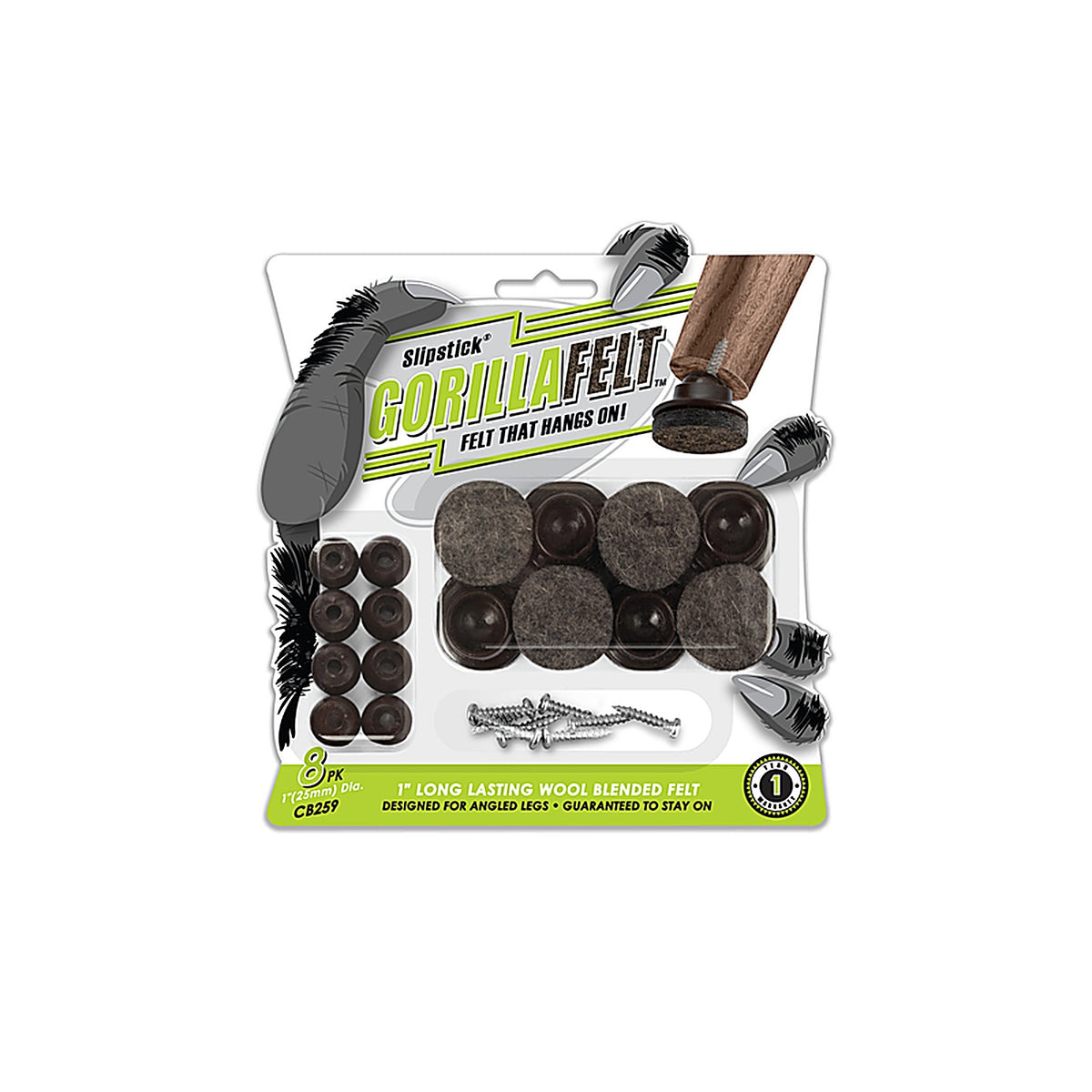 Slipstick - CB259 - Gorillafelt Brown/Gray 1 In. Screw-On Felt Chair Glide Set 8 Pack