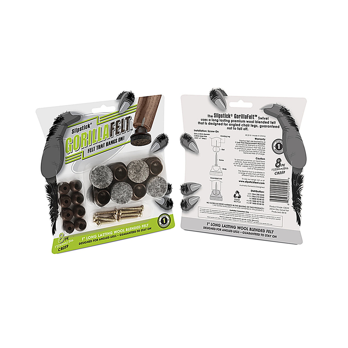 Slipstick - CB259 - Gorillafelt Brown/Gray 1 In. Screw-On Felt Chair Glide Set 8 Pack