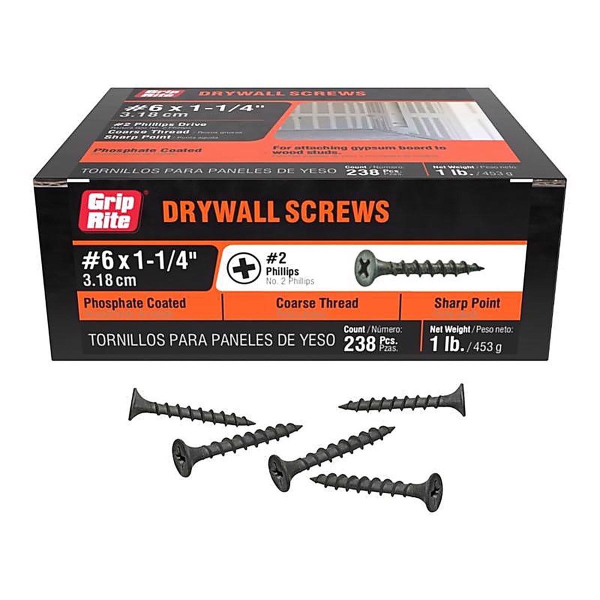 Grip-Rite 114CDWS1 No. 6 wire X 1-1/4 in. L Phillips Drywall Screws 1 lb 238 pk
